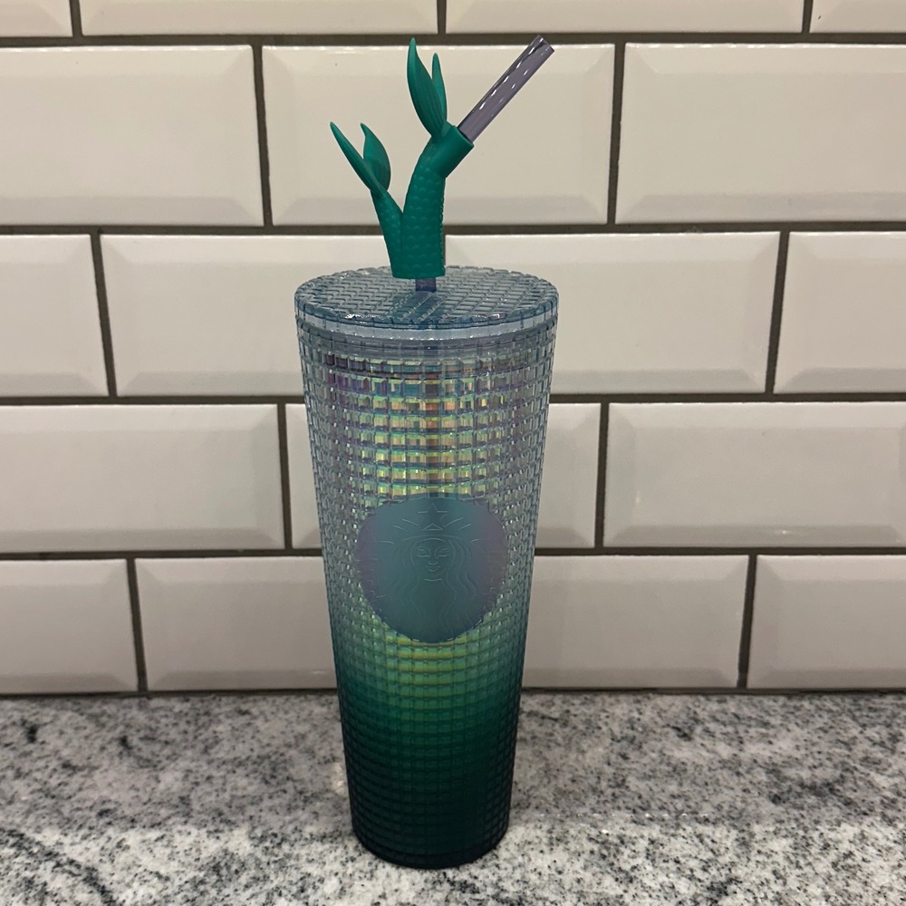 Starbucks Tumbler Iridescent Studded Green Mermaid Tail Straw 24‎ oz